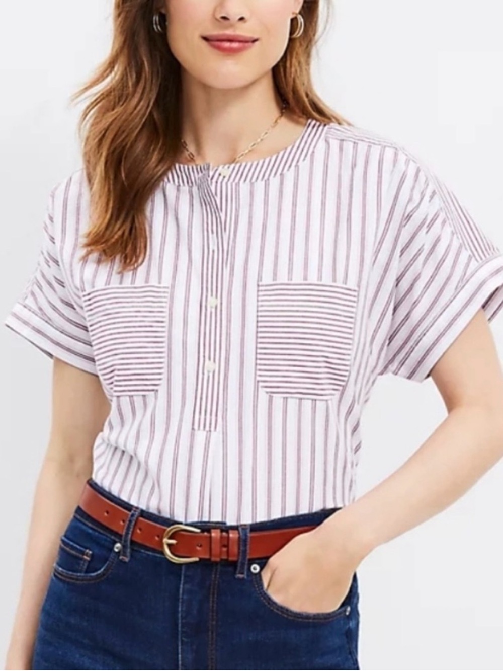 Loft Striped Button Dolman Sleeve Comfortable Blouse Top Sz L